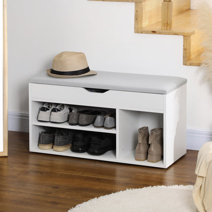 Shoe Bench Entryway Storage Rack with Padded Cushion, Hidden Storage for Hallway, Living Room, White