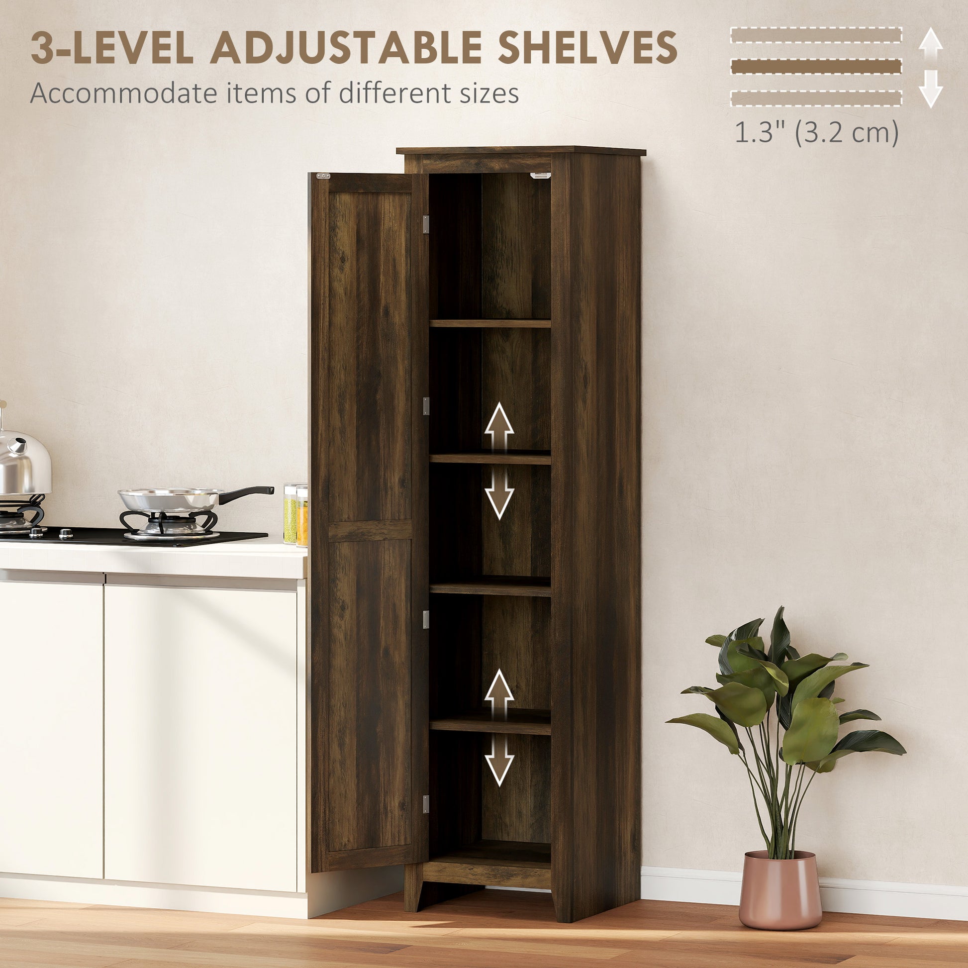 67" Farmhouse Kitchen Pantry Storage Cabinet with Barn Door, Kitchen Pantry Cabinet with Adjustable Shelves, Brown