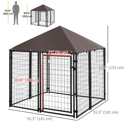 Outdoor Dog Kennel, Welded Wire Steel Fence, Lockable Pet Playpen Crate, with Water-, UV-Resistant Canopy Top, Door, 4.6