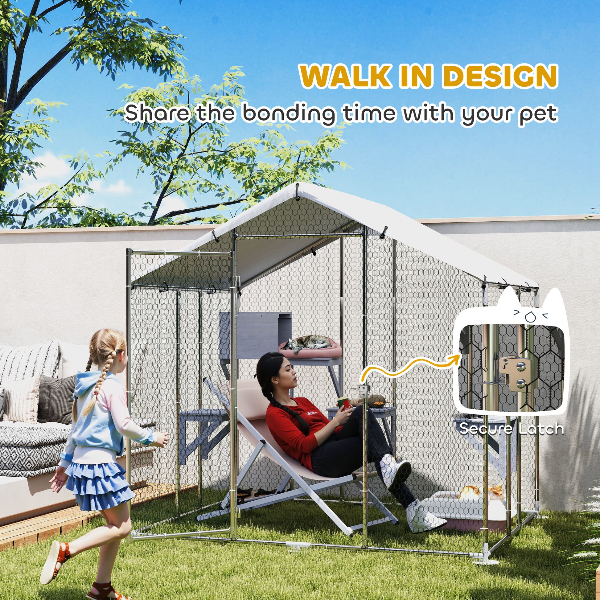 94.5" Extra Large Metal Outdoor Catio with Waterproof Cover, 2 Resting Boxes, 7 Platforms, for Multiple Rabbits, Chicken