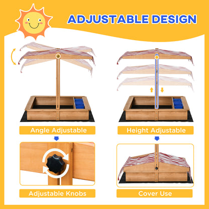 Kids Wooden Sandbox, Children Play Sand Station Outdoor with Adjustable Height Cover Lid, Bottom Liner, Seat, Plastic Ba