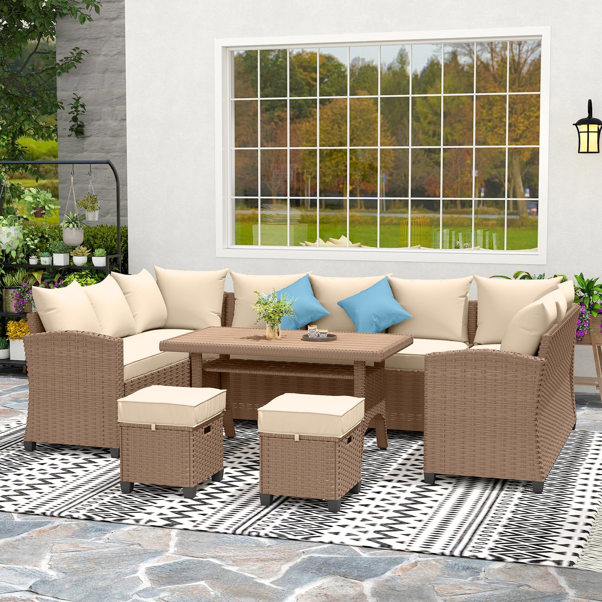 6 Pieces Patio Furniture Set, Outdoor Wicker Sofa Set, All Weather PE Rattan Conversation Furniture, with Strip Wood Gra