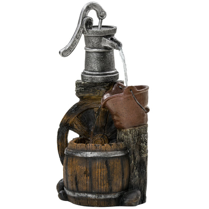 Rustic Waterfall Fountain with Old Fashion Pump Barrel Wheel, 3-Tier Cascading Outdoor Fountain with Adjustable Flow, De