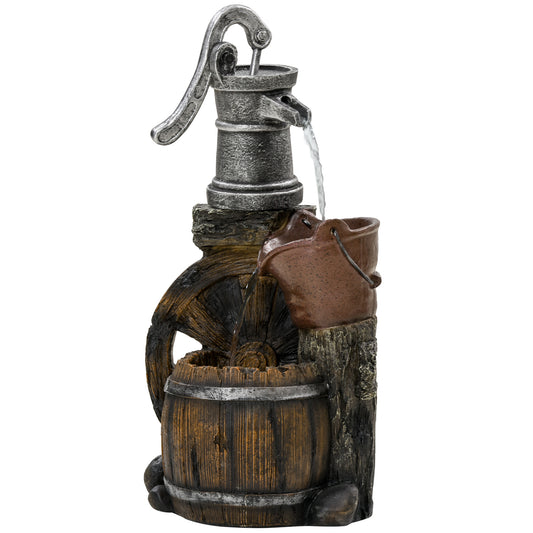 Rustic Waterfall Fountain with Old Fashion Pump Barrel Wheel, 3-Tier Cascading Outdoor Fountain with Adjustable Flow, De