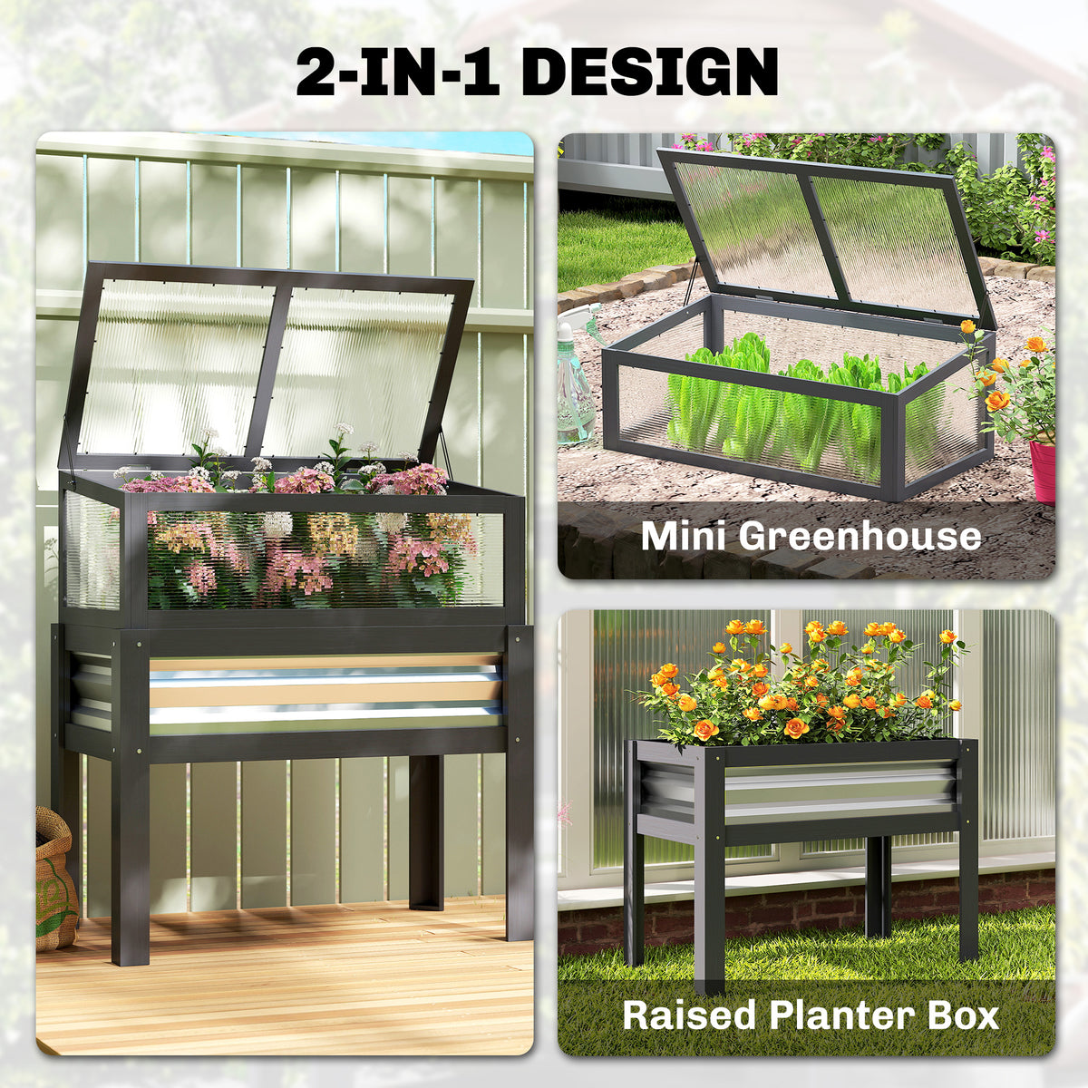 Raised Garden Bed with Flip-Up Greenhouse Top, Wooden Elevated Planter Box with Legs and Liner, Grey