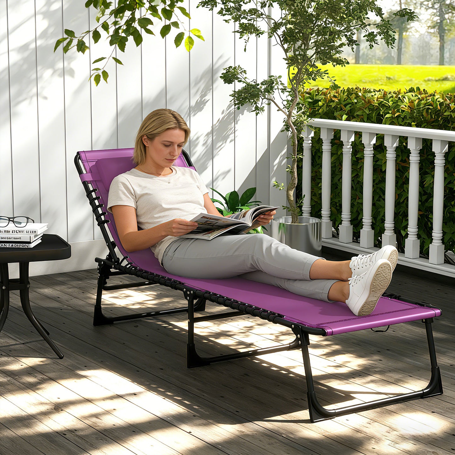 Outdoor Folding Lounge Chair, 4-Level Adjustable Chaise Lounge with Headrest, Tanning Chair Beach Bed, Reclining Lounger