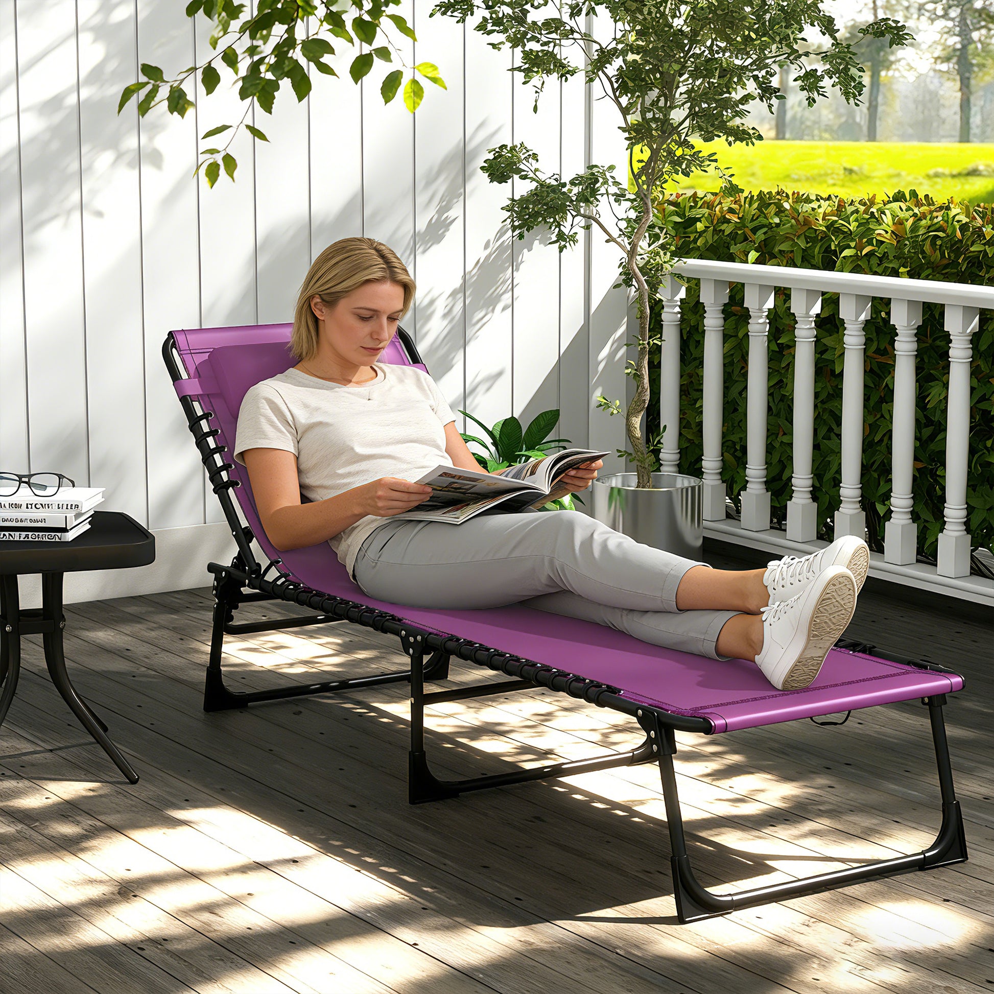 Outdoor Folding Lounge Chair, 4-Level Adjustable Chaise Lounge with Headrest, Tanning Chair Beach Bed, Reclining Lounger