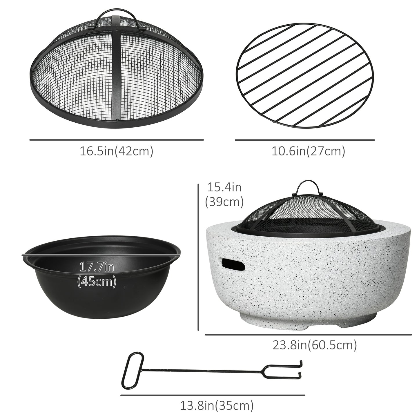 24" Outdoor Fire Pit with Stone Effect, Wood-burning Firepit Fireplace with Spark Screen and Poker for Backyard Camping 