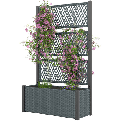 Wicker Outdoor Planter with Trellis, 58" Standing Garden Bed with Liner, Drainage Holes for Climbing Plants, Dark Grey