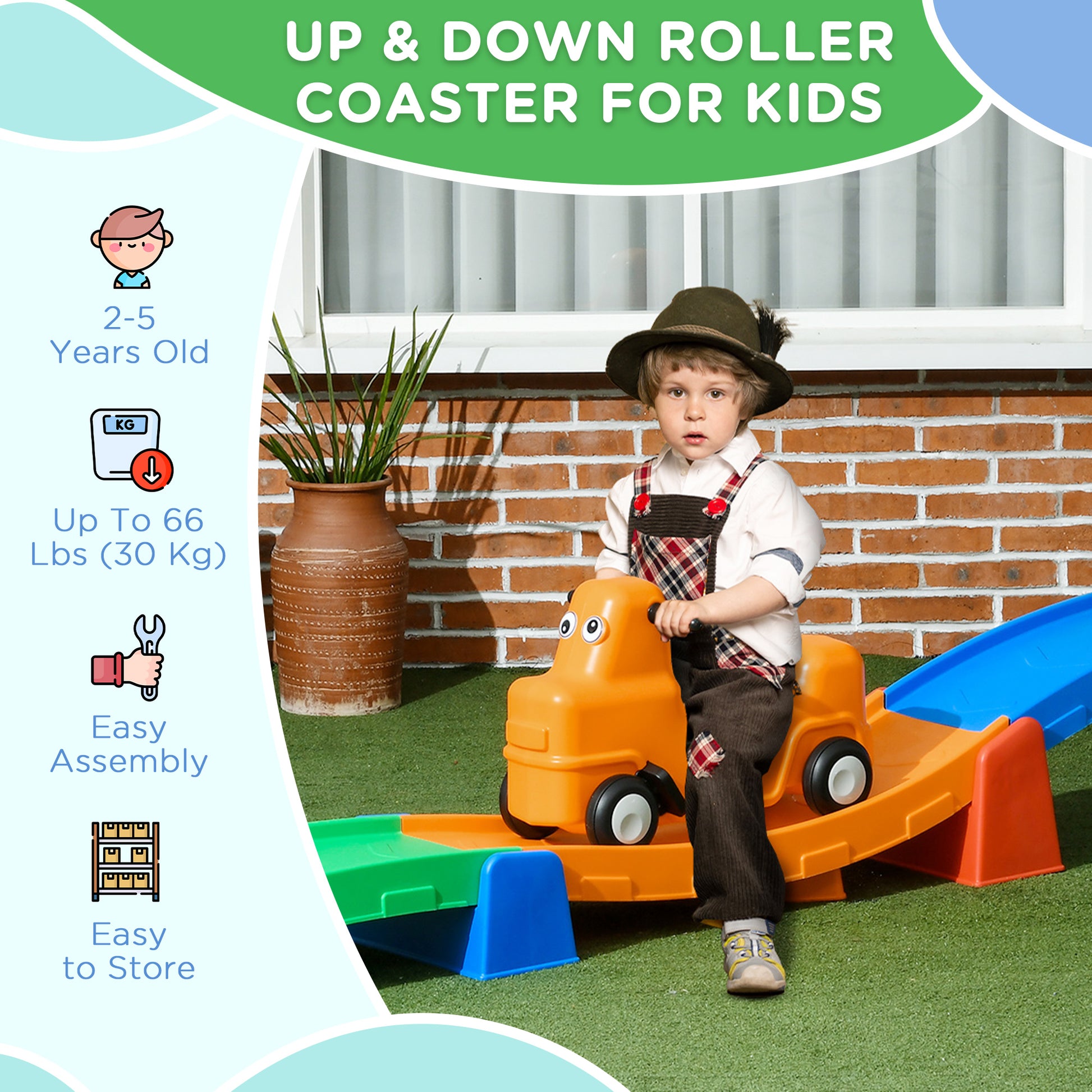 Qaba 9.8 ft Up and Down Roller Coaster for Kids, Thrill 4 Pieces Toddler Roller Coaster Ride on Toy with Side Steps, Sli