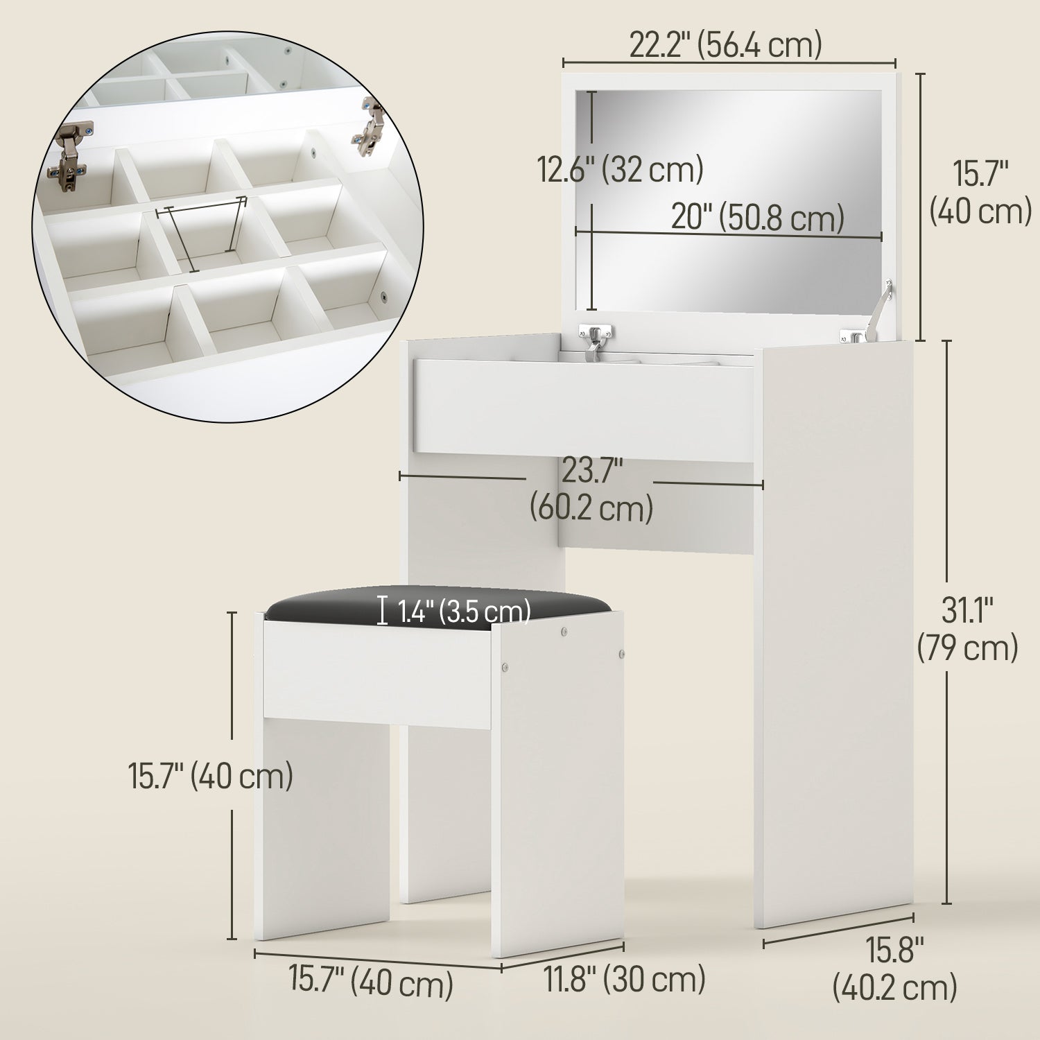 Modern Vanity Set with Makeup Table and Cushioned Stool, Dressing Table with Flip Top and Mirror for Bedroom, White