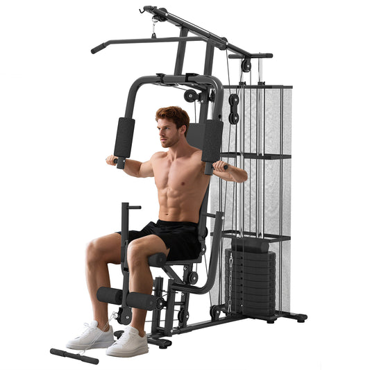 Soozier Home Gym, Multifunction Gym Equipment Workout Station with 100Lbs Weight Stack for Lat Pulldown, Leg Extensions,