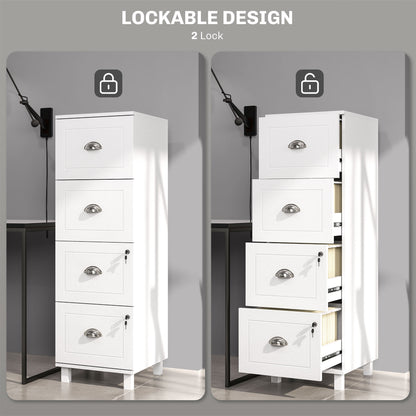 4 Drawer File Cabinet with Lock, Office Filing Cabinet, A4 Letter Size, Hanging File Folders, White