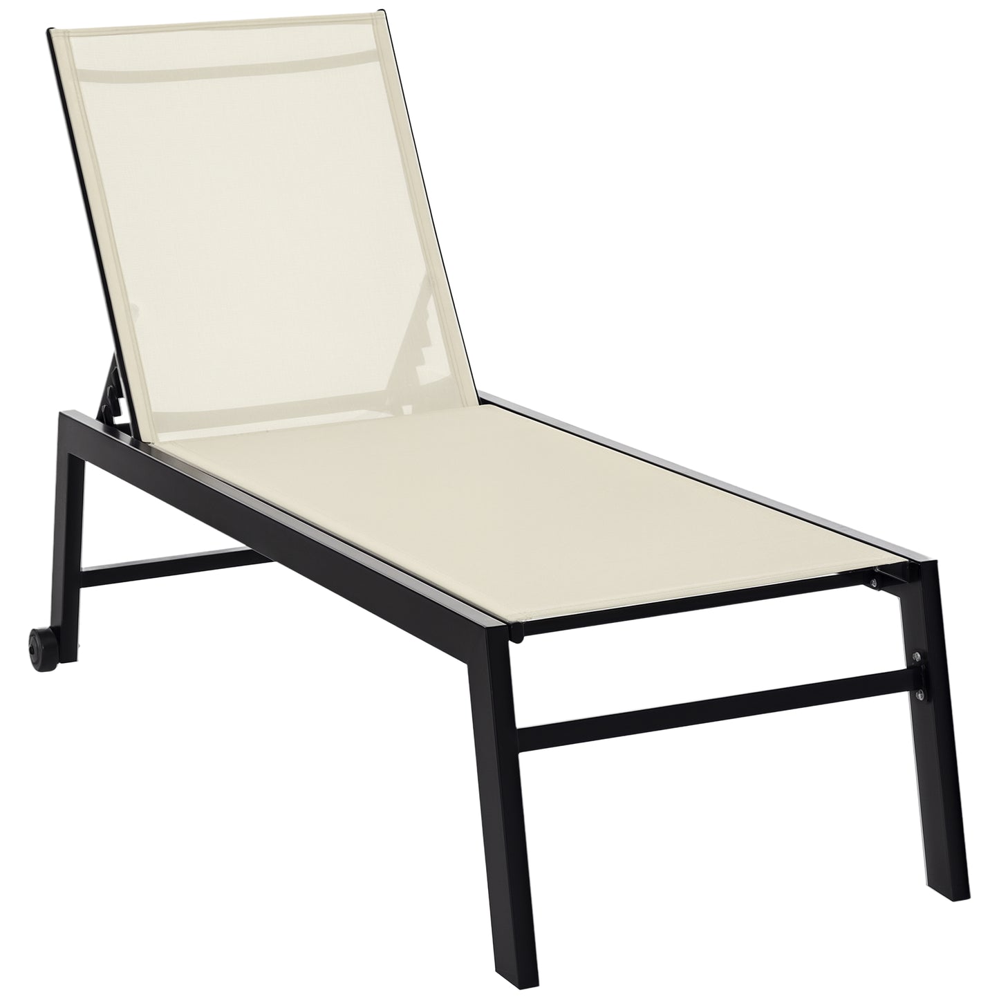 Outdoor Lounge Chair, Patio Lounger with 5-Position Reclining Backrest and 2 Wheels for Poolside, Beach, Lawn, Cream Whi