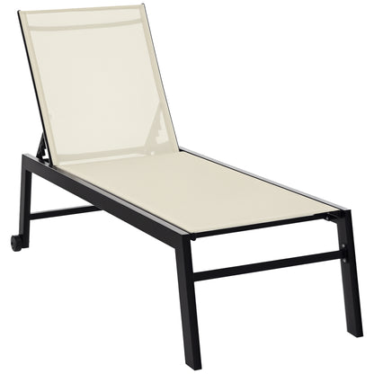 Outdoor Lounge Chair, Patio Lounger with 5-Position Reclining Backrest and 2 Wheels for Poolside, Beach, Lawn, Cream Whi