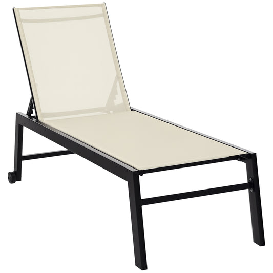 Outdoor Lounge Chair, Patio Lounger with 5-Position Reclining Backrest and 2 Wheels for Poolside, Beach, Lawn, Cream Whi