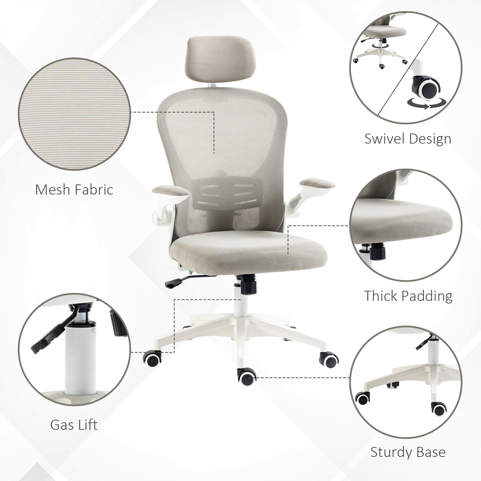 Office Chair, Mesh Computer Desk Chair with Adjustable Headrest, 4D Lumbar Support, Flip-up Arm, Grey