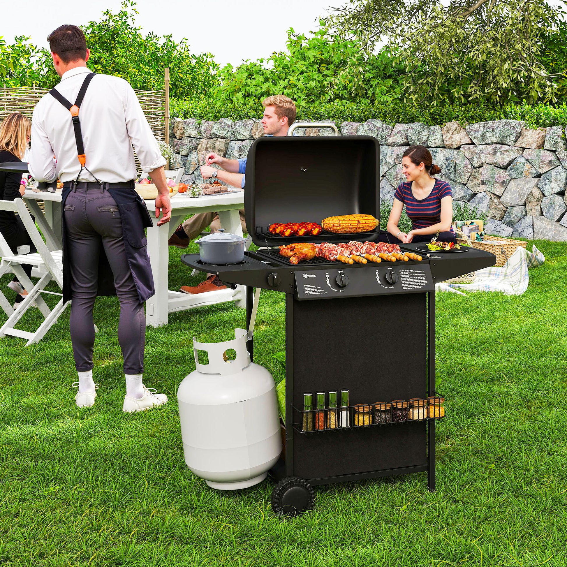 2+1 Burner Propane Gas BBQ Grill, Portable Gas Barbecue Grill with Side Burner, Thermometer, Lid, Side Table, Shelf, Spi