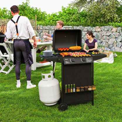 2+1 Burner Propane Gas BBQ Grill, Portable Gas Barbecue Grill with Side Burner, Thermometer, Lid, Side Table, Shelf, Spi