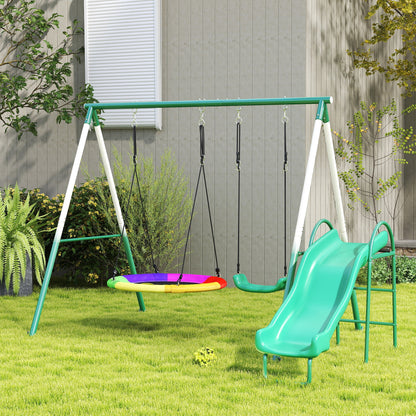 Qaba Metal Swing Set with Slide, Saucer Swing Seat, Heavy Duty A-Frame Stand and Adjustable Rope for Backyard, Dark Gree