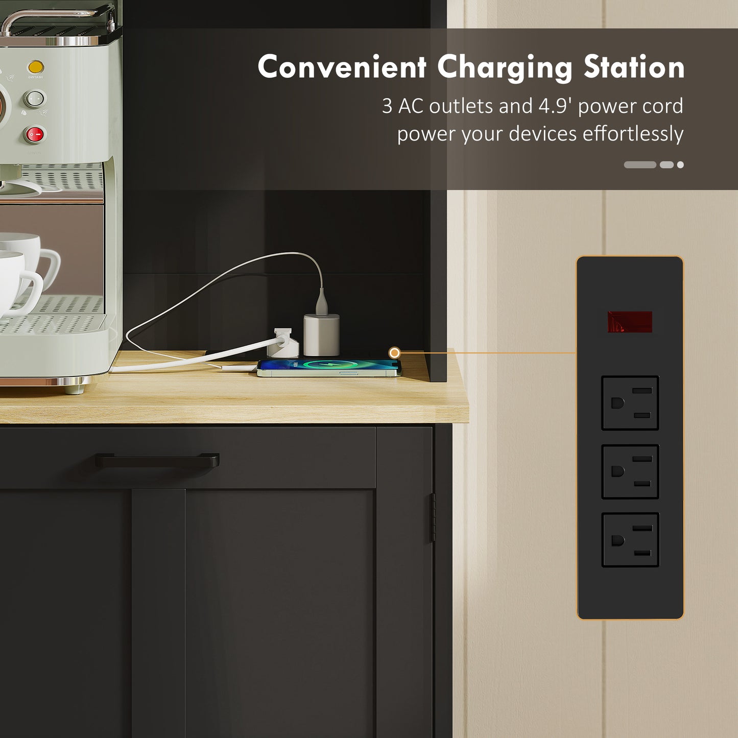 Kitchen Pantry Cabinet with Charging Station, 7 Gallon Trash Can Cabinet, Adjustable Shelves and Acrylic Doors, Black