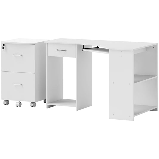 L-Shaped Computer Desk and File Cabinet Set for Bedroom, White