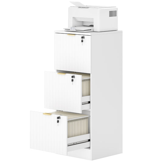 Lockable Filing Cabinet with 3 Fluted Drawers, File Cabinet with Adjustable Hanging Rails for A4 Letter Files, White