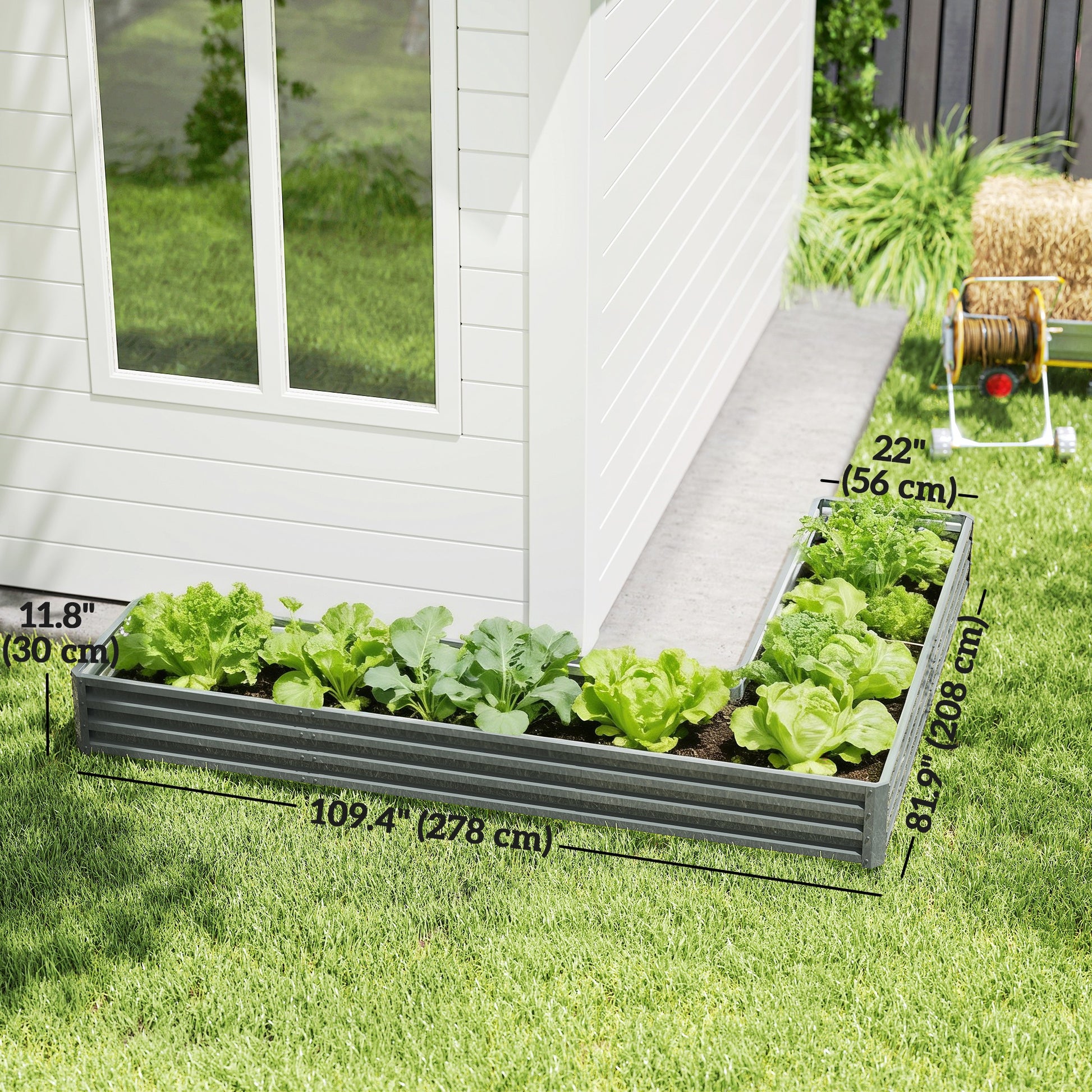 L-Shaped Raised Garden Bed, 82" x 109" x 12" Galvanized Steel Planter Box with Multi-reinforced Rods for Vegetables, Flo