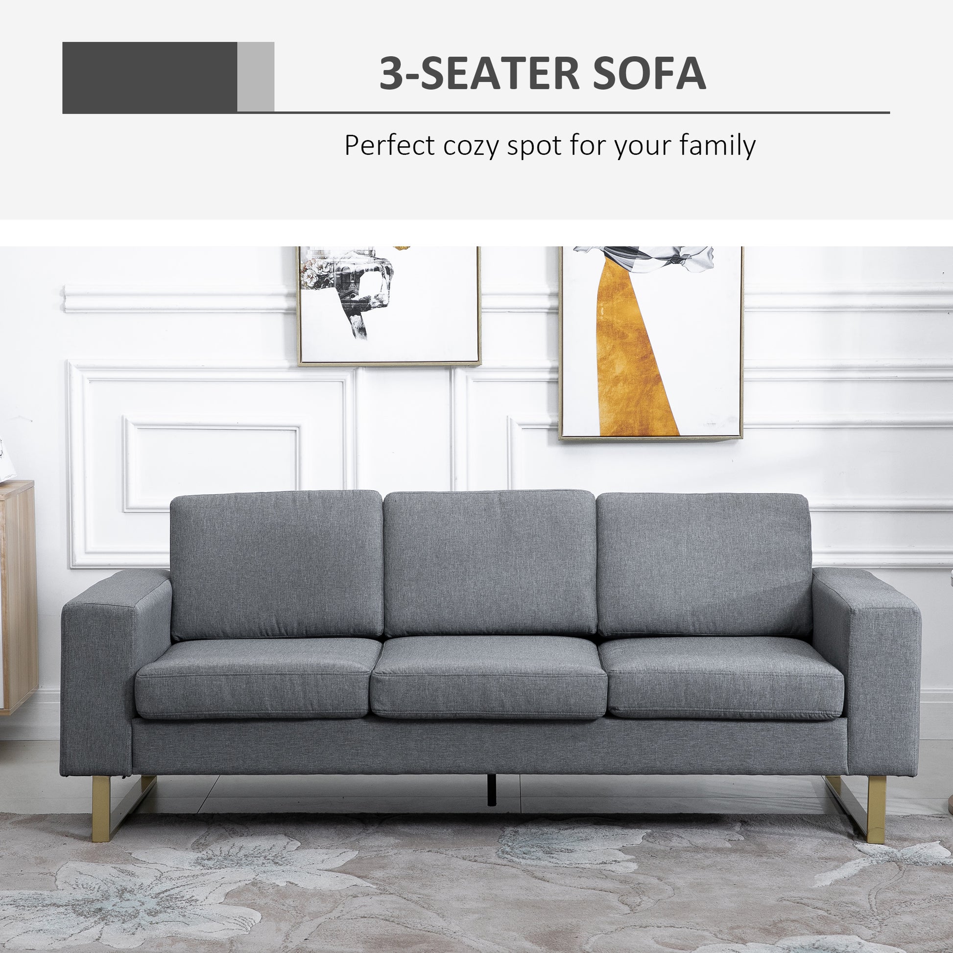 3 Seater Sofa, Linen Upholstered Cozy Padded Couch with Steel Leg, Backrest and Wide Armrest, for Living room, Bedroom, 