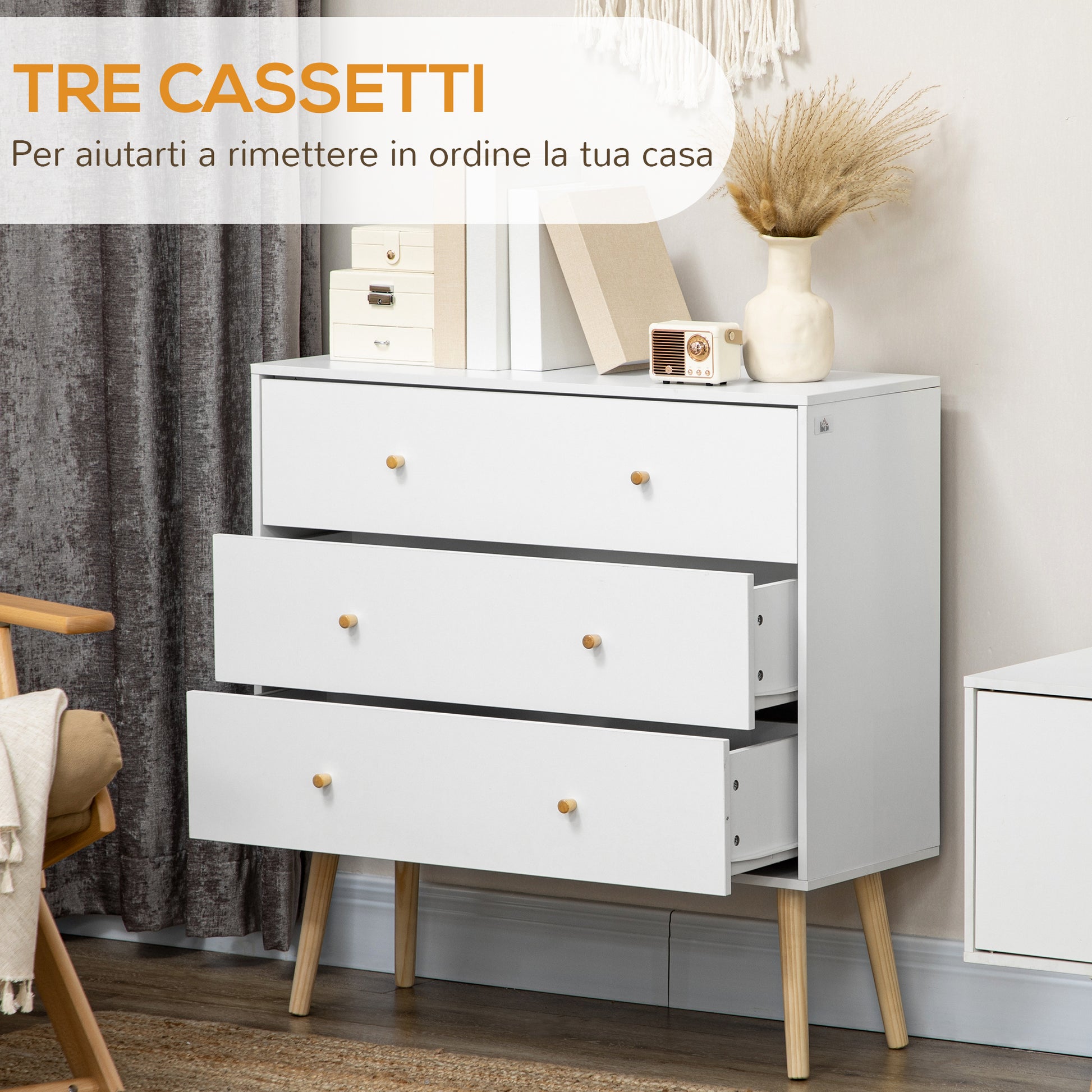 White Dresser for Bedroom with 3 Drawers, Morden Chest of Drawers with Solid Wood Legs and Handles, Storage Organizer fo
