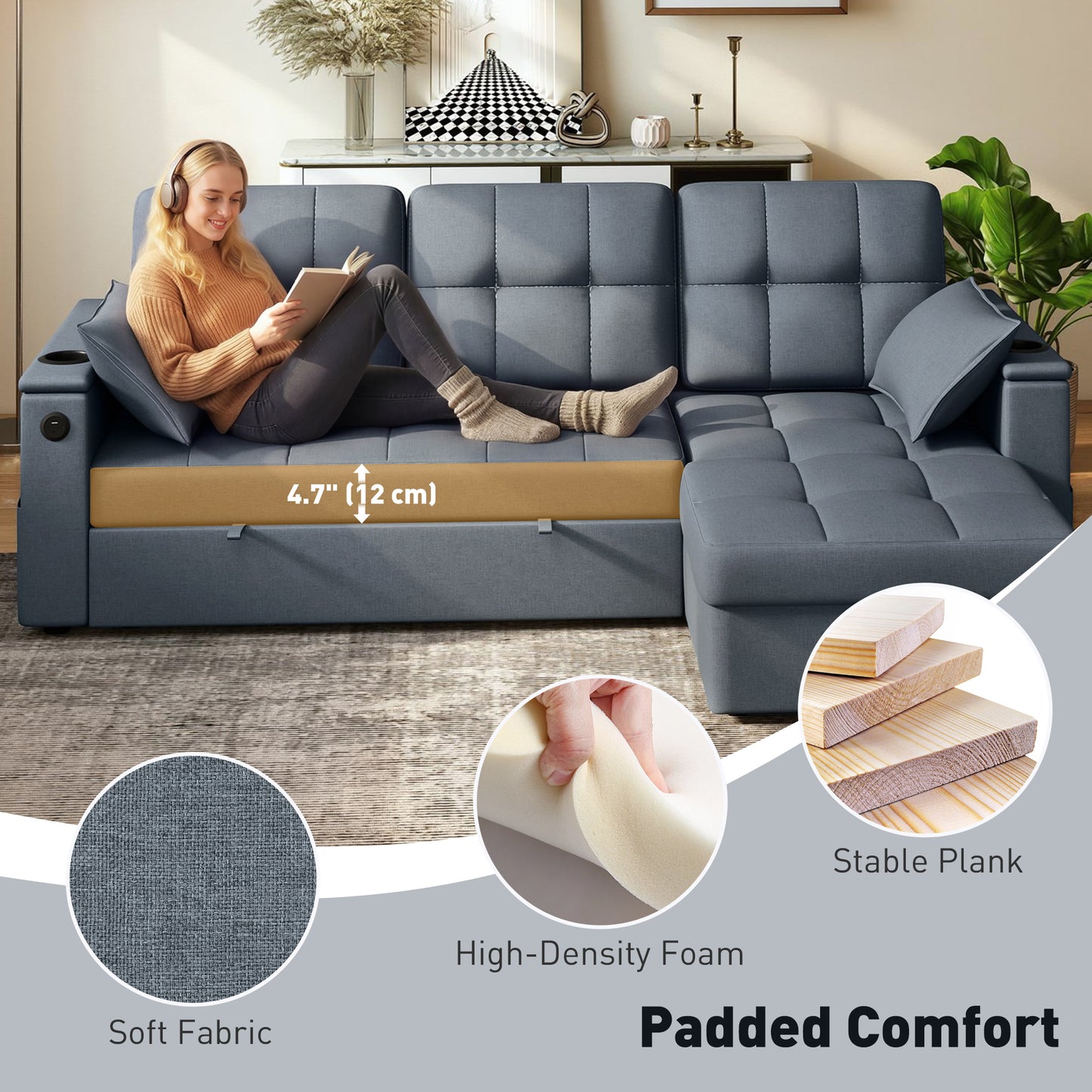 Convertible Sectional Sofa Bed, Pull Out Sleeper Sofa Couch with USB‑A+C, Chaise Storage, L-Shaped Futon Couch, Dark Gre