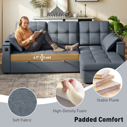 Convertible Sectional Sofa Bed, Pull Out Sleeper Sofa Couch with USB‑A+C, Chaise Storage, L-Shaped Futon Couch, Dark Gre