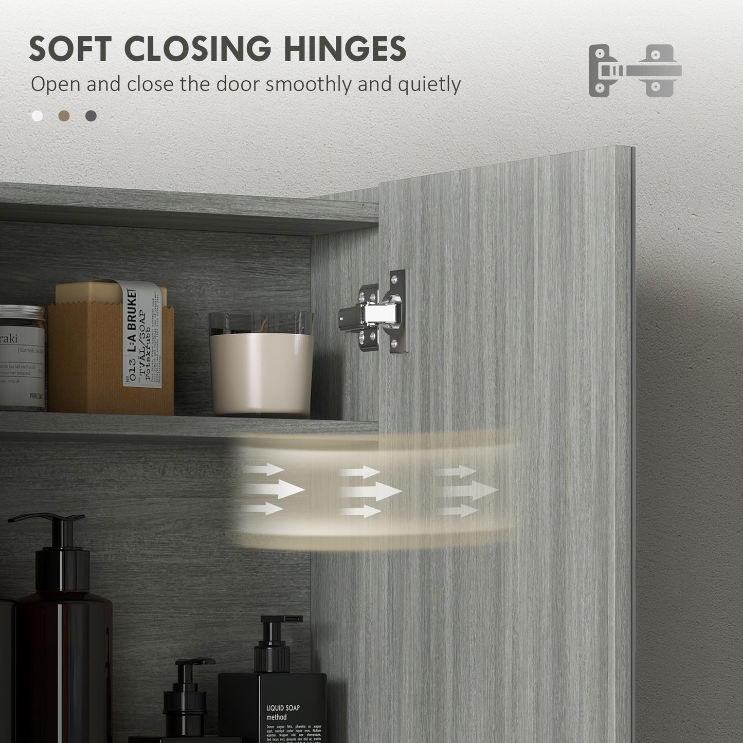 Wall Mount Mirrored Medicine Cabinet, Bathroom Mirror Cabinet with Adjustable Shelf, Double Soft Closing Doors, Grey