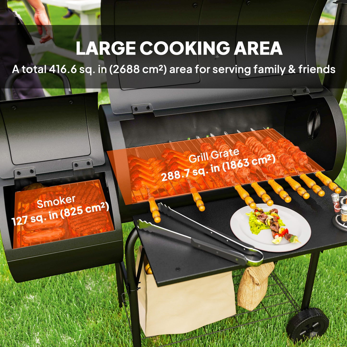 Portable Outdoor Charcoal BBQ Grill with Offset Smoker, Barbecue Grill with Spacious Cooking Area, 2 Shelves, Thermomete