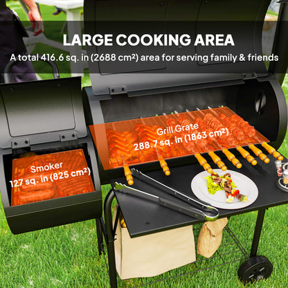Portable Outdoor Charcoal BBQ Grill with Offset Smoker, Barbecue Grill with Spacious Cooking Area, 2 Shelves, Thermomete