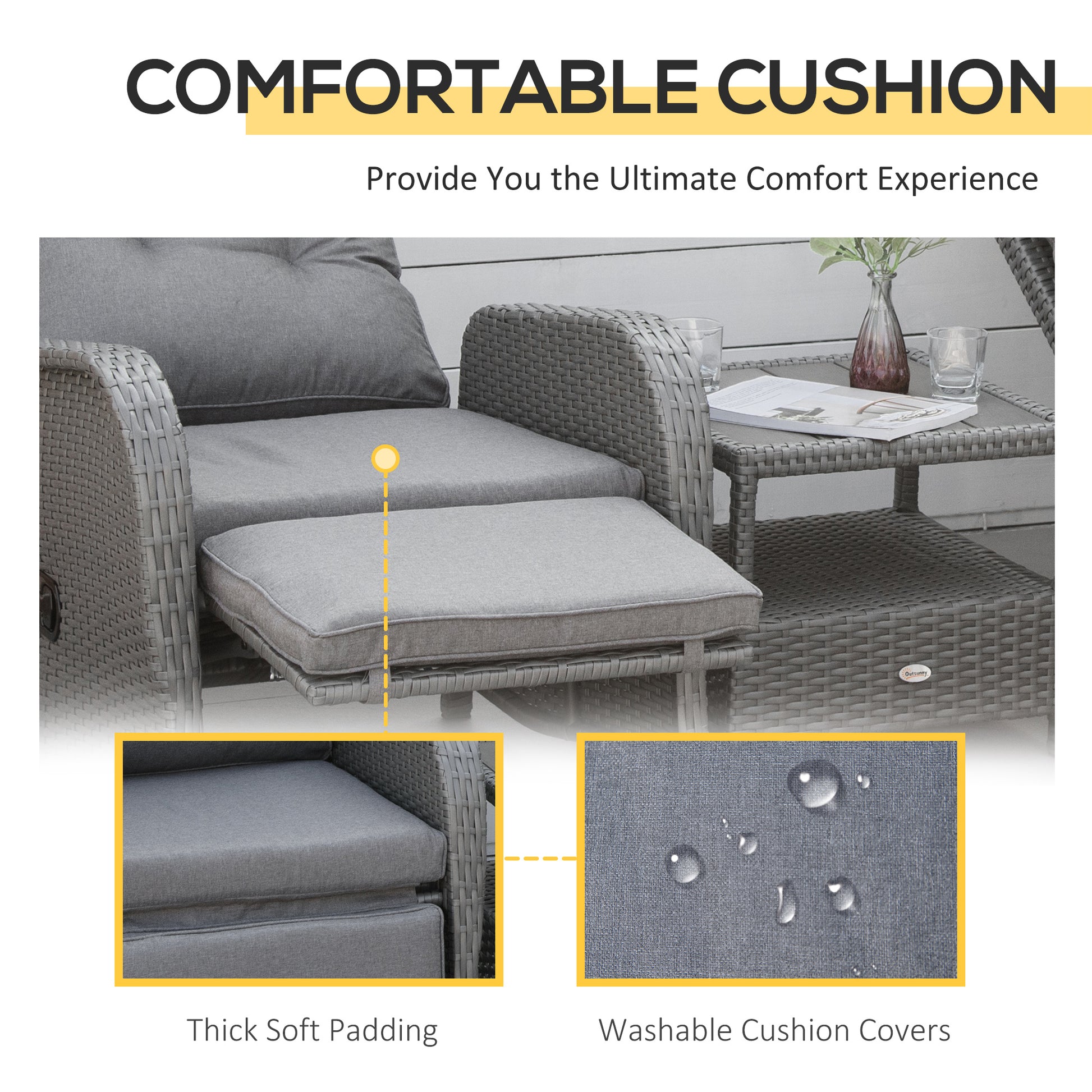 3 Pieces Patio Wicker Bistro Set, PE Rattan Coffee Table & Adjustable Recline Chairs Furniture Set with Cushions and Woo