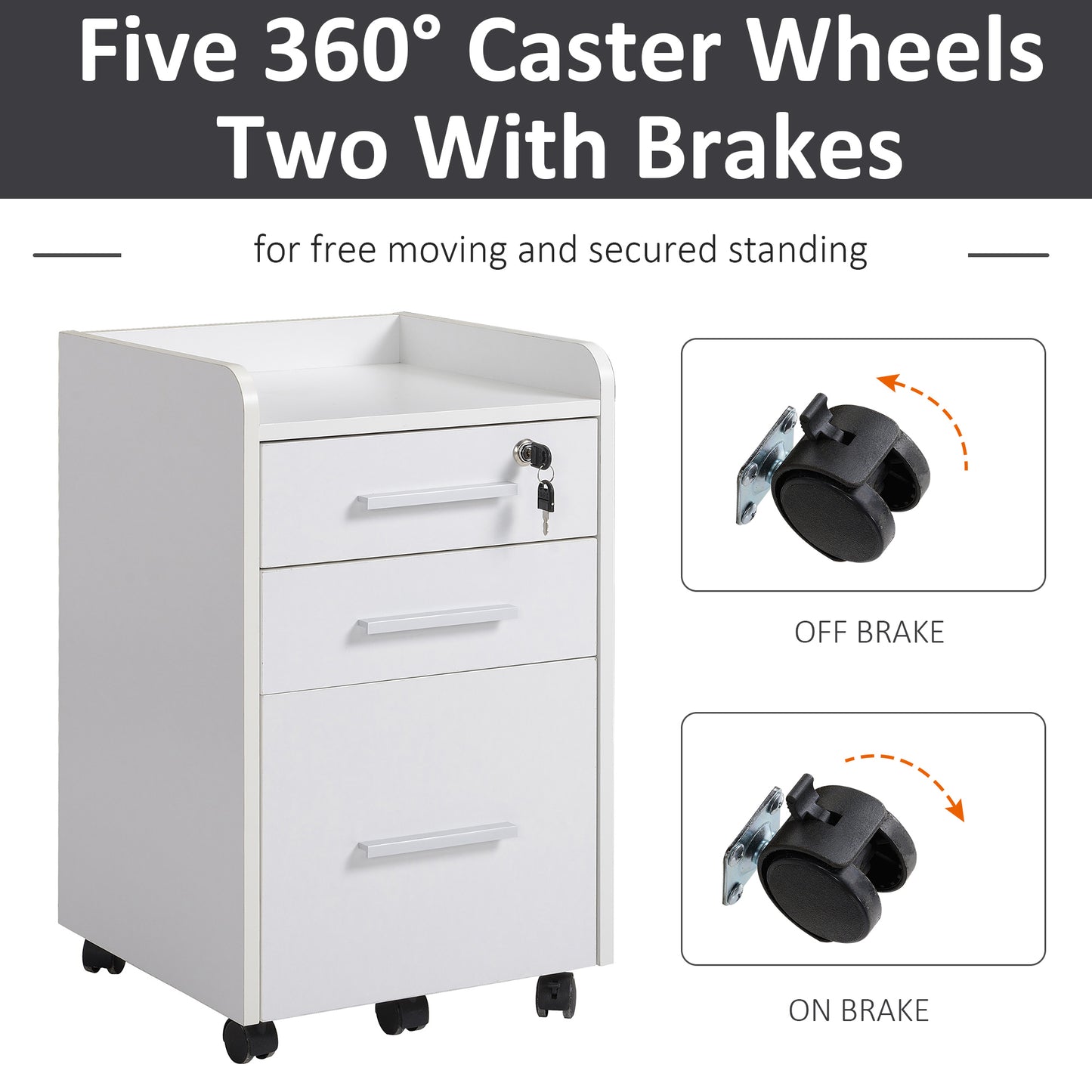 3 Drawer File Cabinet with Lock and Edged Top, Lockable Filing Cabinet on Wheels for Letter and A4 Size, White