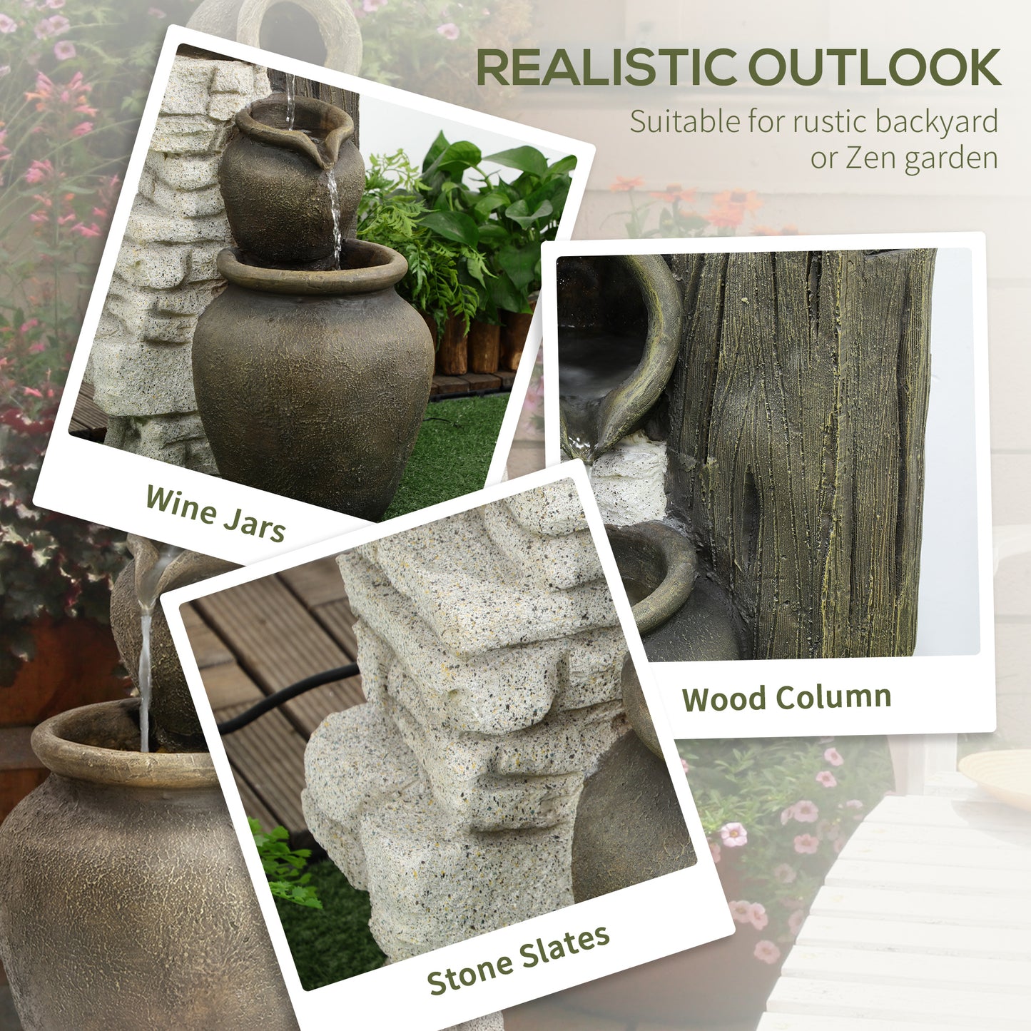 Wine Jars Outdoor Waterfall Fountain with Adjustable Flow, 4-Tier Rustic Resin Cascading Water Fountain, Decorative Back