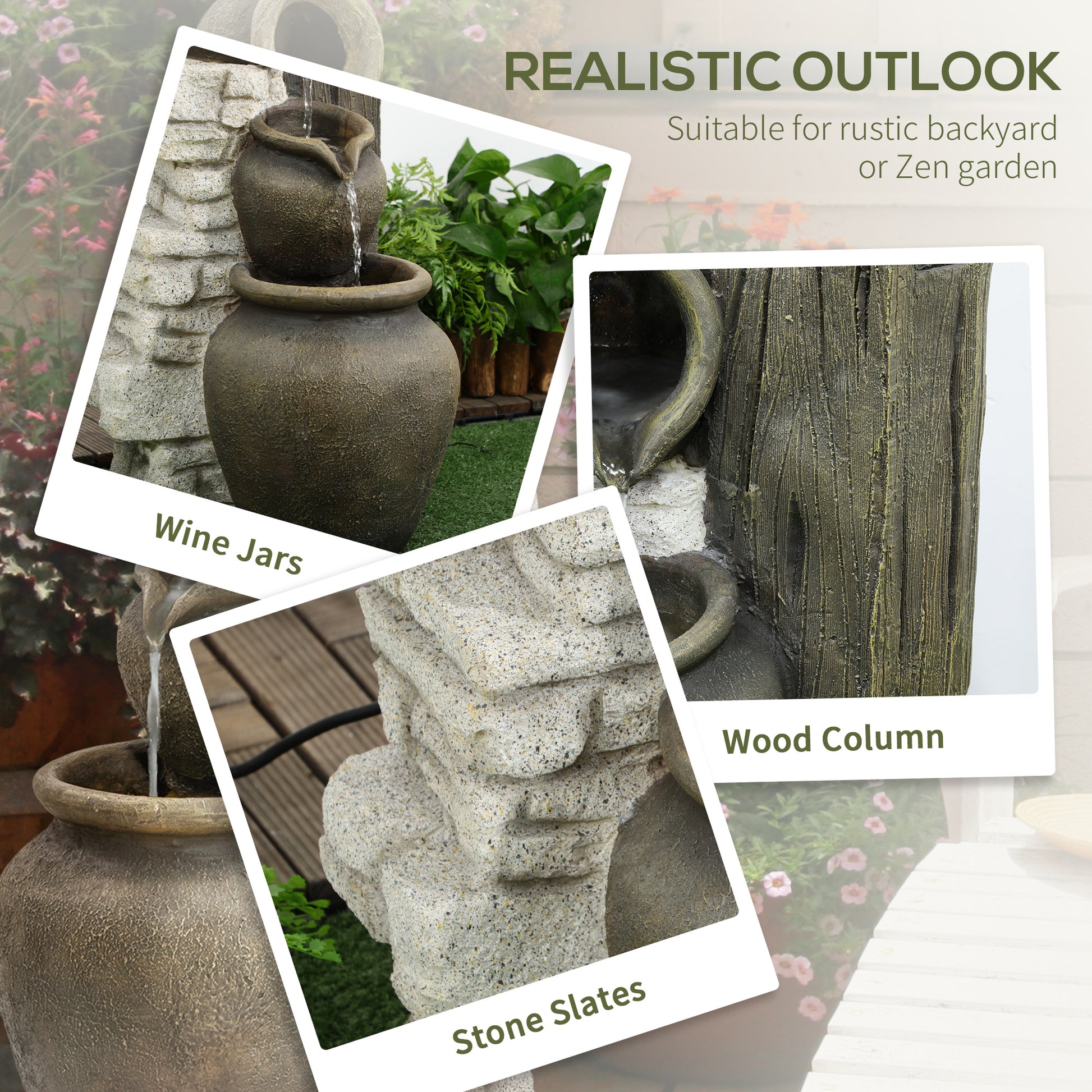 Wine Jars Outdoor Waterfall Fountain with Adjustable Flow, 4-Tier Rustic Resin Cascading Water Fountain, Decorative Back