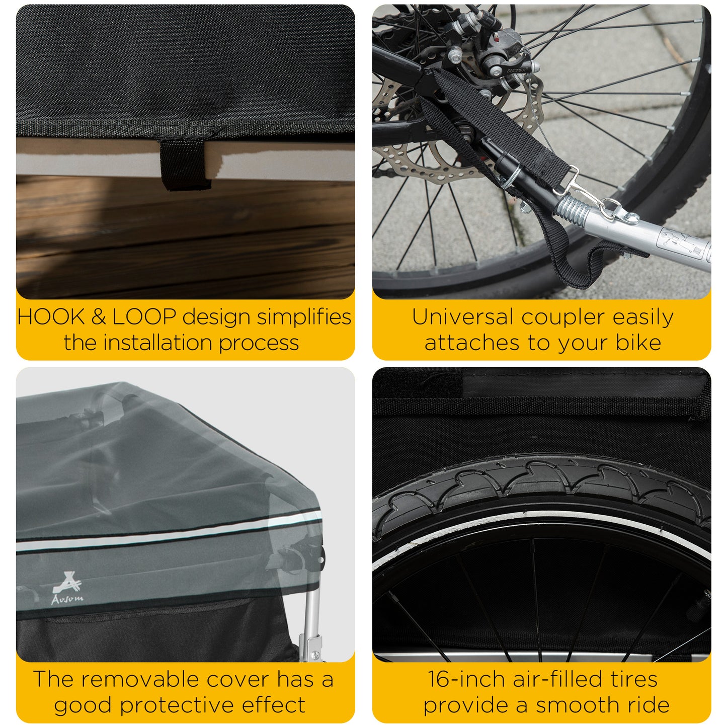 VarietyKart Outdoor Bike Cargo Trailer, Foldable Bicycle Luggage Wagon, Triple Safety, 16" Wheels, Removable Cover, Blac