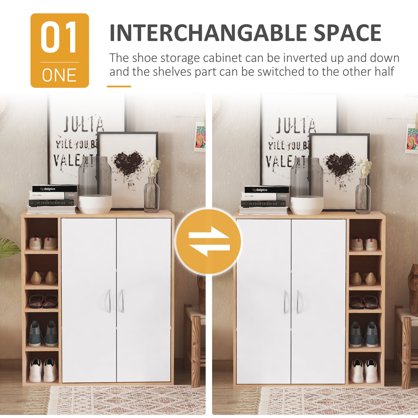 35.5" Shoe Cabinet, 3-Tier Free Standing Shoe Storage Cabinet with Adjustable Shelves and 5 Open Cubes for Entryway, Hal