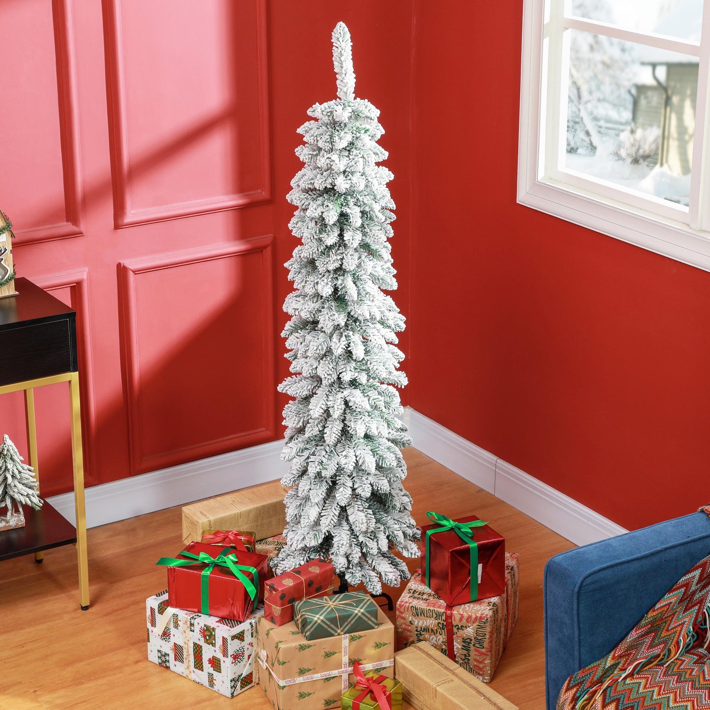 5ft Snow-Flocked Artificial Christmas Tree, Slim Pencil Xmas Tree with 301 Realistic Branches, Metal Base, Green