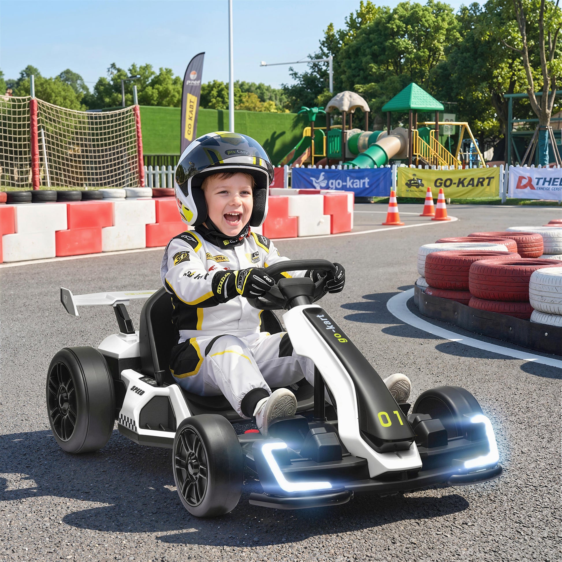VarietyKart 24V Electric Go Kart, Battery Powered Kids Drift Kart with Adjustable Seat, Seat Belt, Horn, Music, Light, W