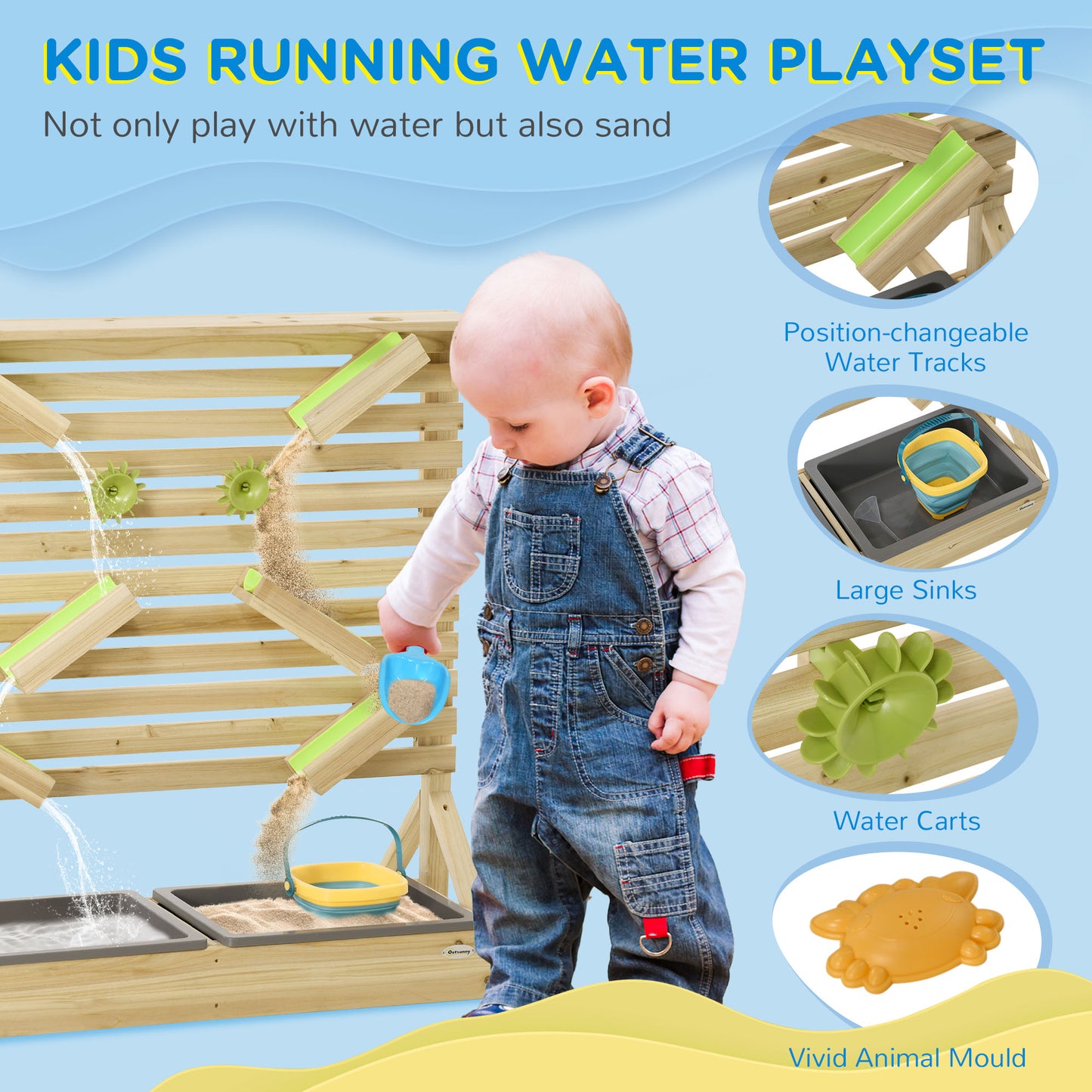 18 Pcs Kids Running Water and Sand Playset Outdoor with Sinks, Wooden Sensory Toys with Colorful Accessories, Gift for B