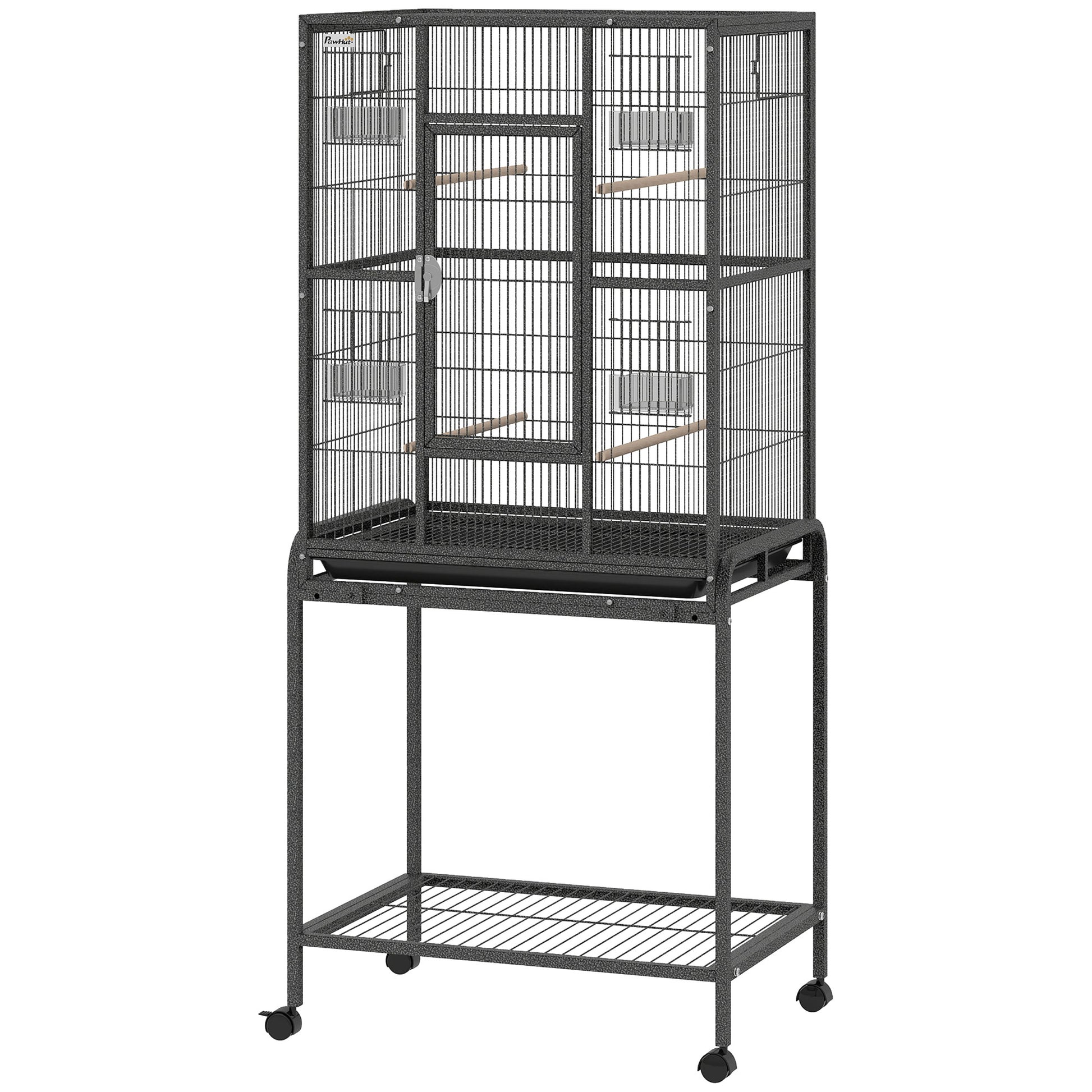 56"H Bird Cage, Parrot Cage w/ Detachable Rolling Stand, Removable Tray, Storage Shelf, Perches, Food Container