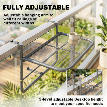 Adjustable Balcony Hanging Railing Table, Metal Mounting Mini Wall Desk Storage Rack, Outdoor Flower Stand Serving Table