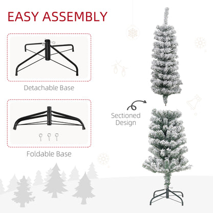 5ft Flocked Christmas Tree, Pencil Christmas Tree with Realistic Branch Tips, Folding Metal Stand, Green