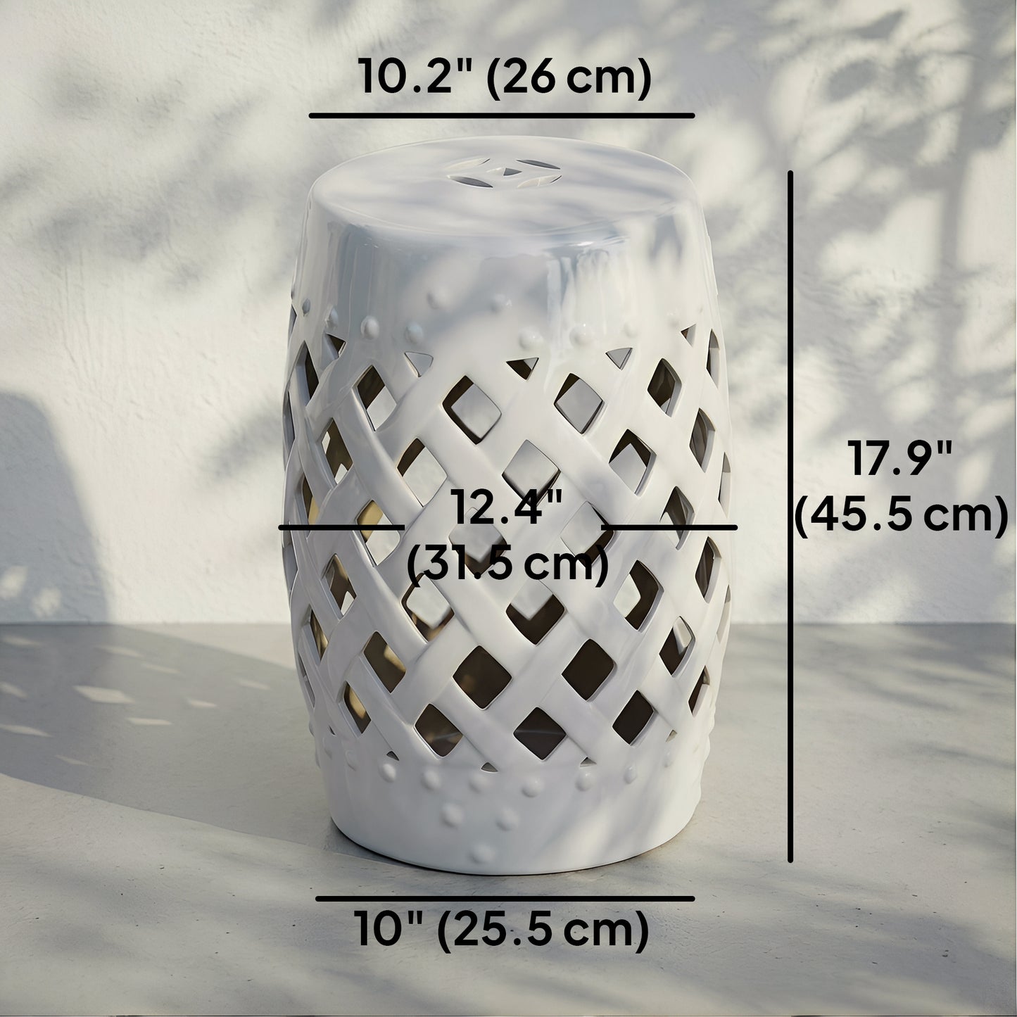 12.4" x 17.9" Ceramic Garden Stool with Woven Lattice Design, Indoor & Outdoor Decorative Accent Stool, White
