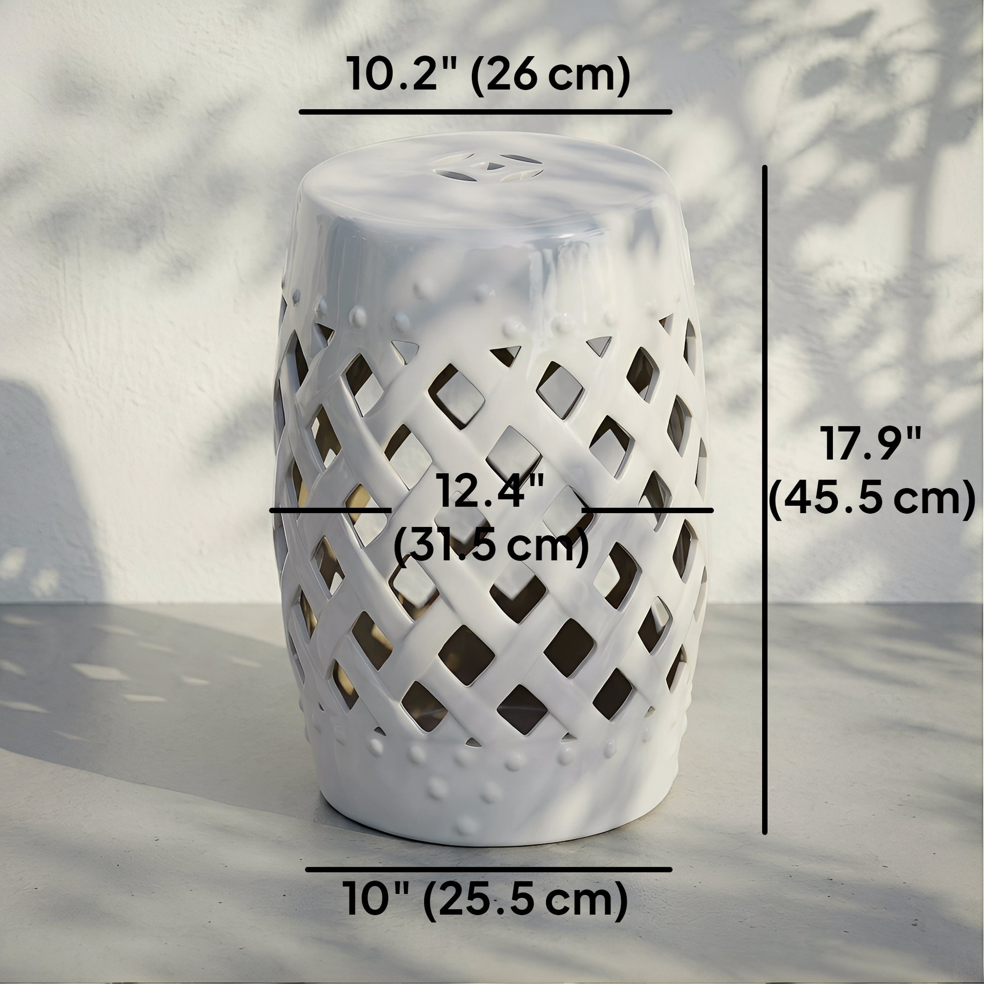 12.4" x 17.9" Ceramic Garden Stool with Woven Lattice Design, Indoor & Outdoor Decorative Accent Stool, White