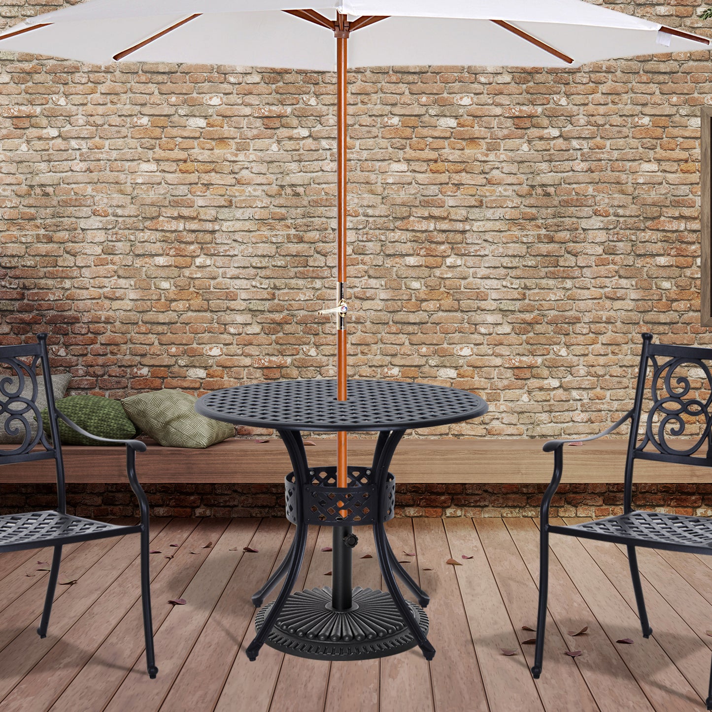 33-Inch Roud Patio Dining Table with Umbrella Hole, Cast Aluminum Garden Table, All Weather Patio Bisto Table, for Lawn,
